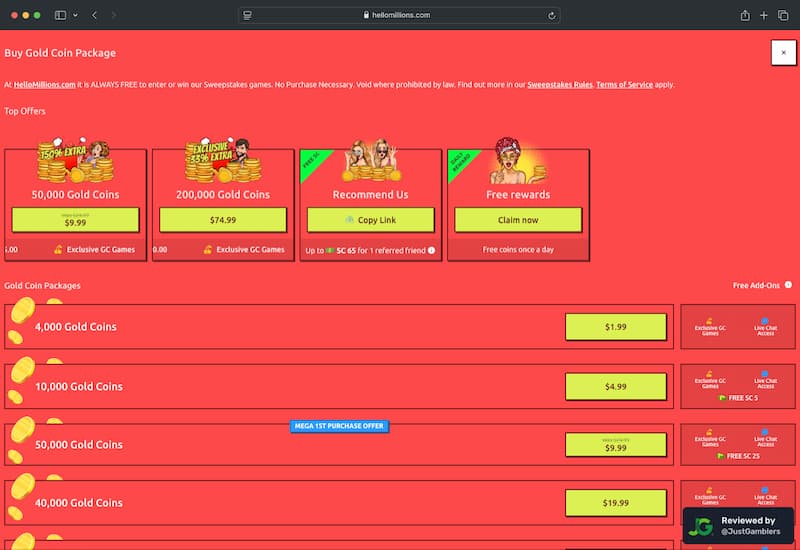 Desktop Screenshot of Hello Millions Coin Purchase Page