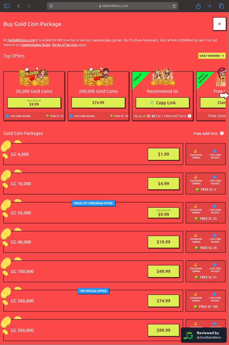 Tablet Screenshot of Hello Millions Coin Purchase Page
