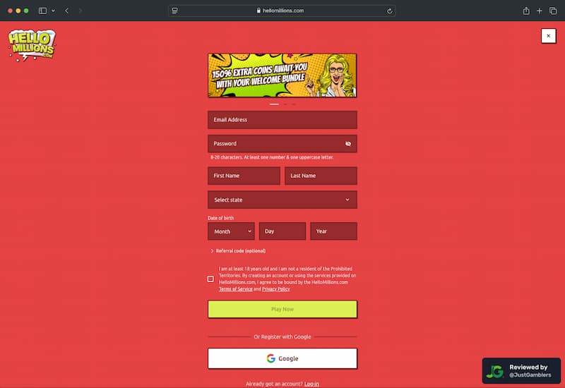 Desktop Screenshot of Hello Millions Registration Page