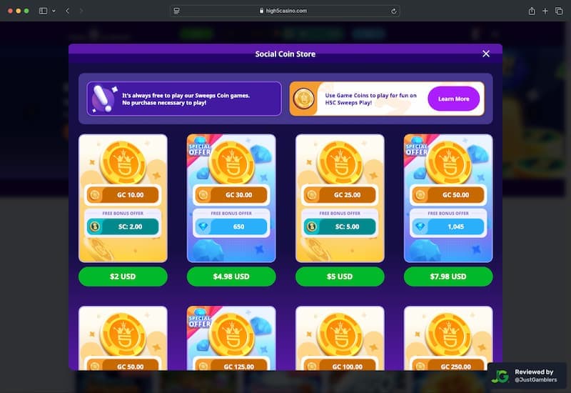 Desktop Screenshot of High 5 Casino Coin Purchase Page