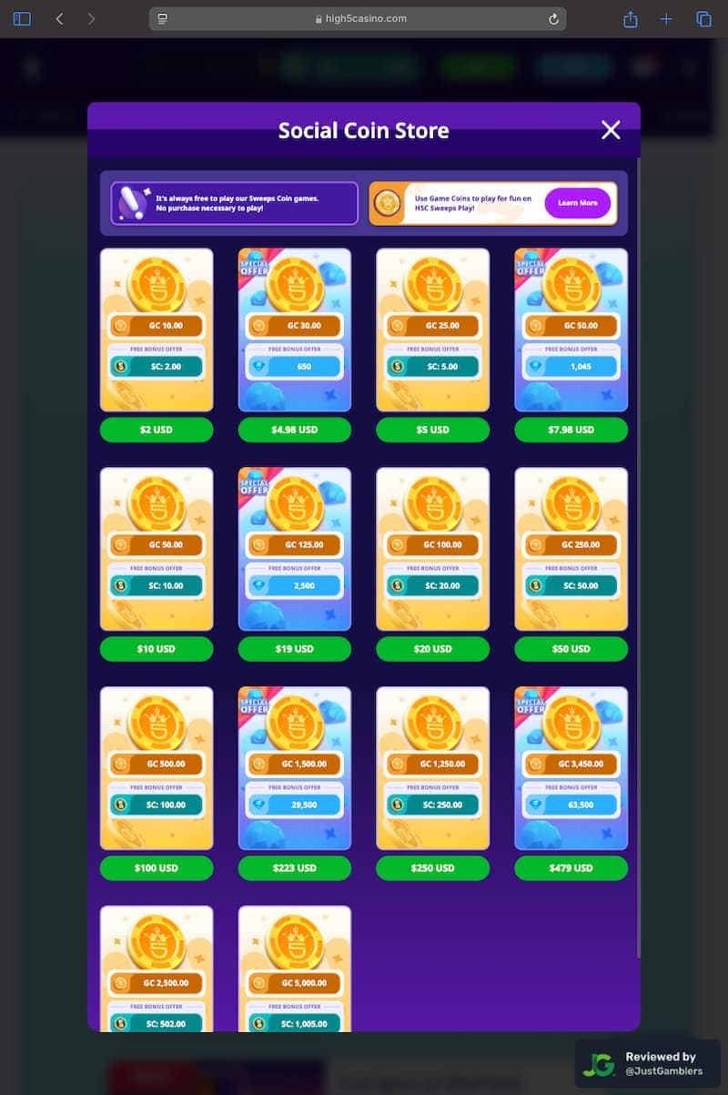 Tablet Screenshot of High 5 Casino Coin Purchase Page
