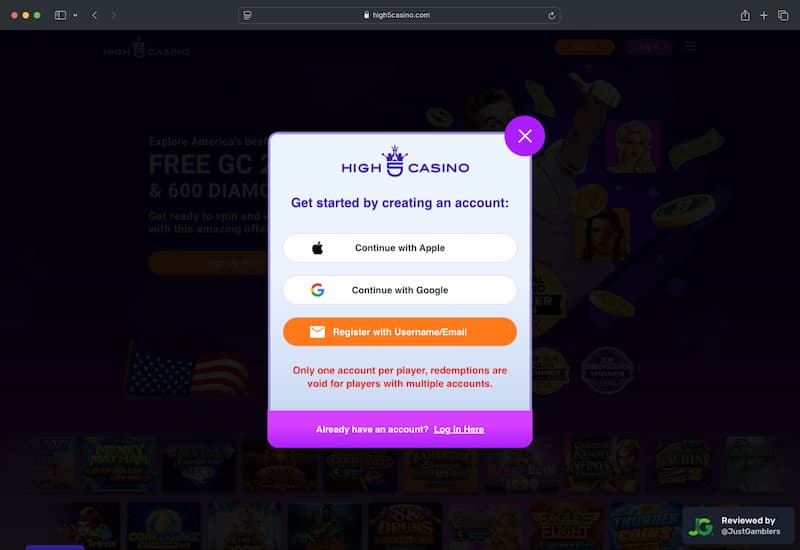 Desktop Screenshot of High 5 Casino Registration Page