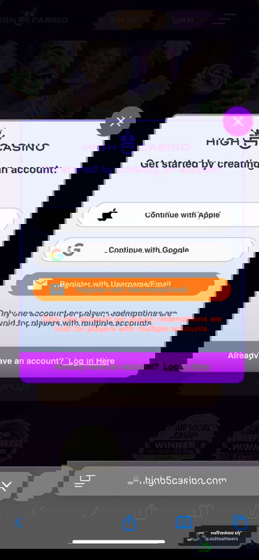 Mobile Screenshot of High 5 Casino Registration Page