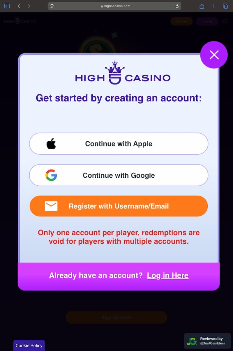 Tablet Screenshot of High 5 Casino Registration Page