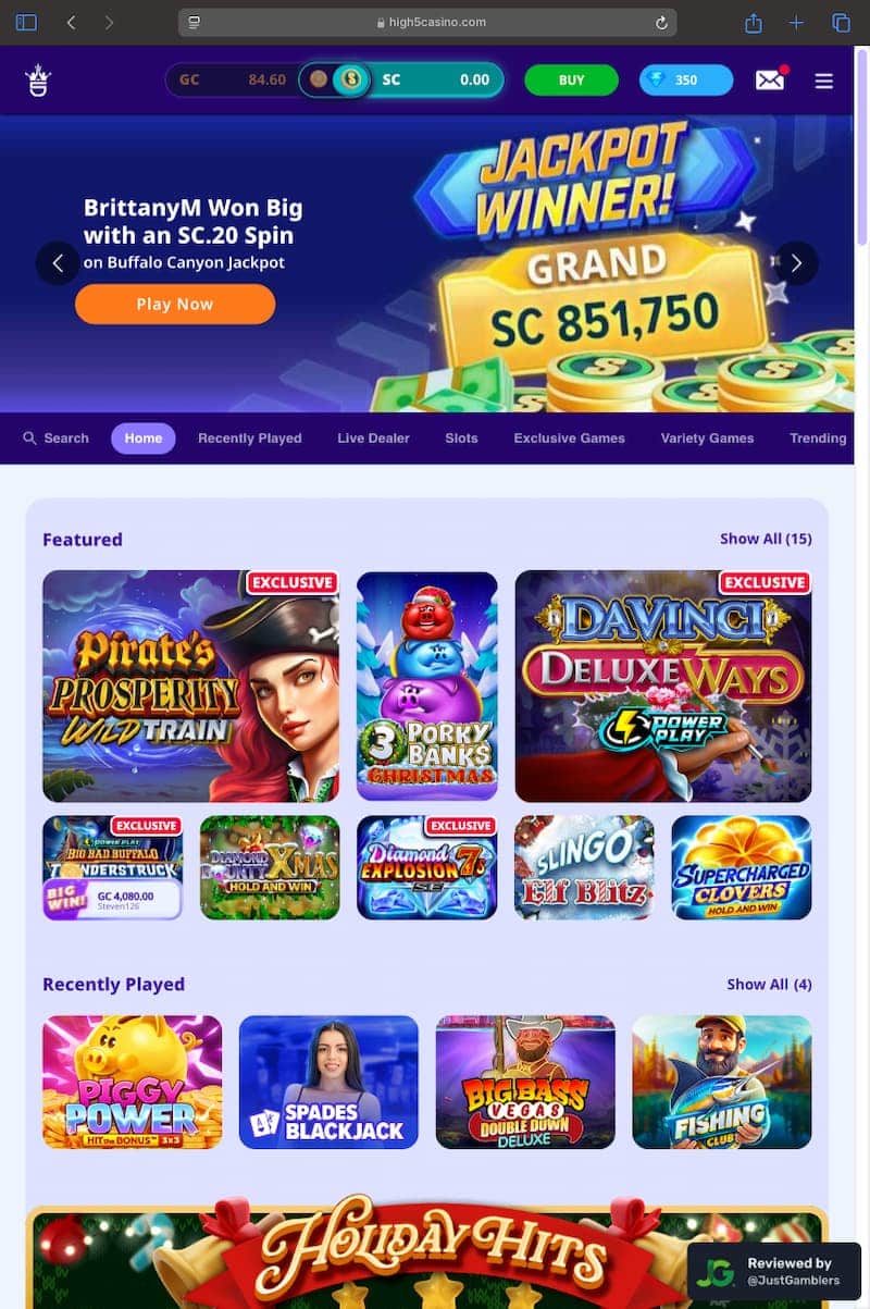 Tablet Screenshot of High 5 Casino Starting Page