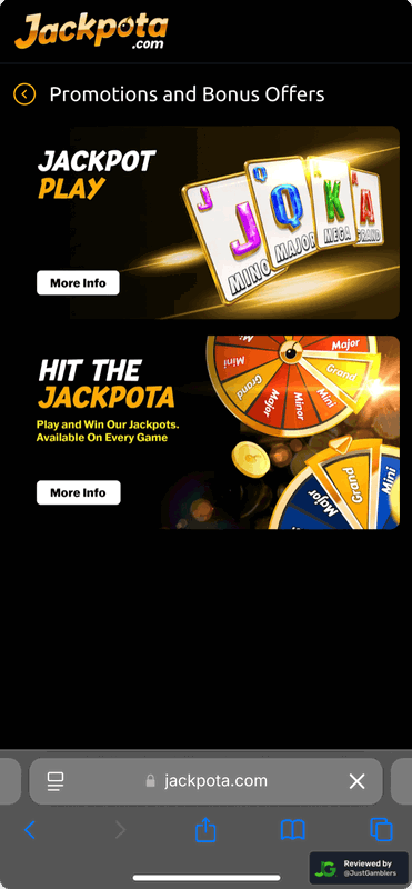Mobile screenshot of the promo page at Jackpota.