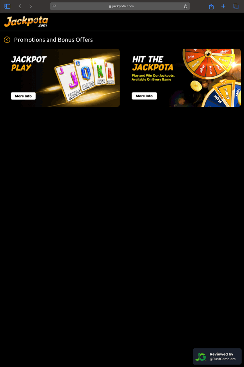 Tablet screenshot of the promo page at Jackpota.