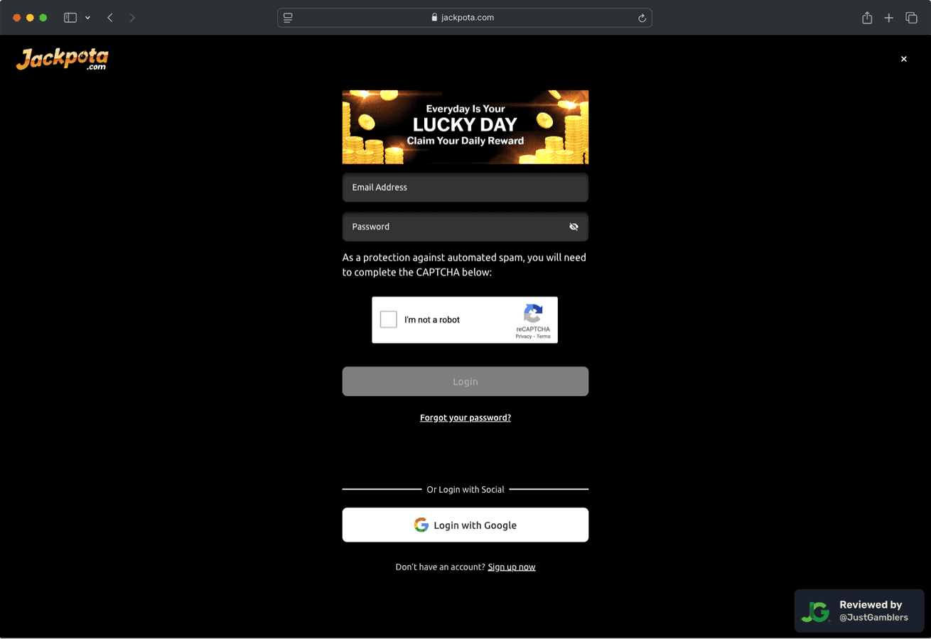 Desktop screenshot of the registration page at Jackpota.