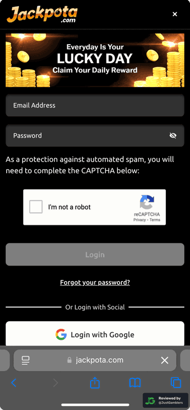 Mobile screenshot of the registration page at Jackpota.