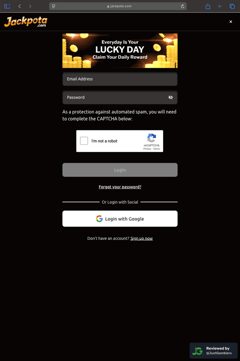 Tablet screenshot of the registration page at Jackpota.