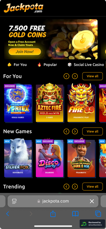 Mobile screenshot of the starting page at Jackpota.