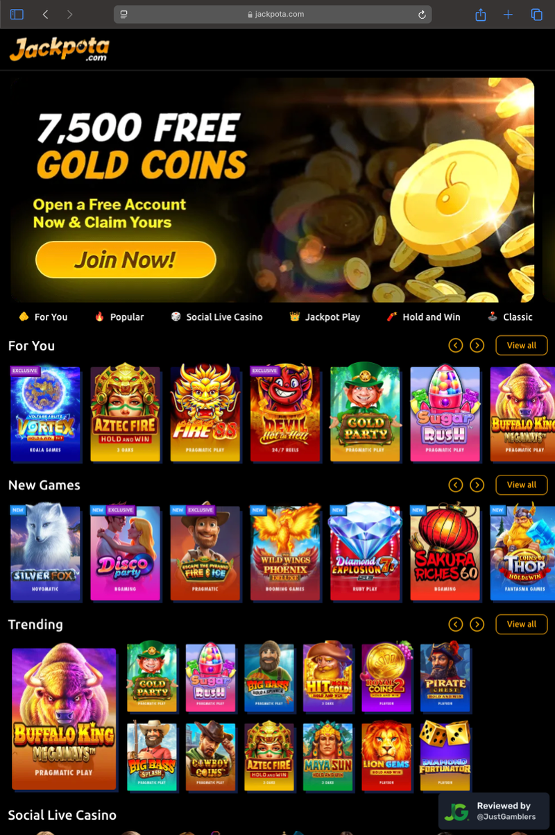 Tablet screenshot of the starting page at Jackpota.