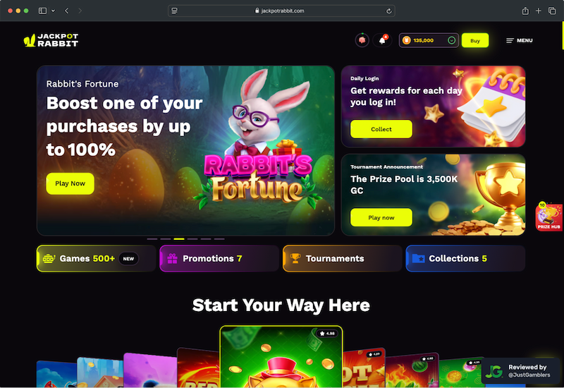 Desktop screenshot of the starting page at JackpotRabbit.