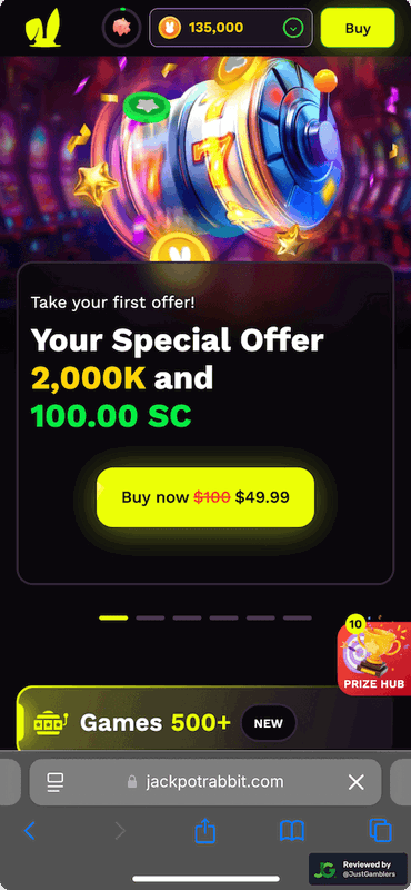 Mobile screenshot of the starting page at JackpotRabbit.