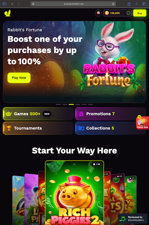 Tablet screenshot of the starting page at JackpotRabbit.
