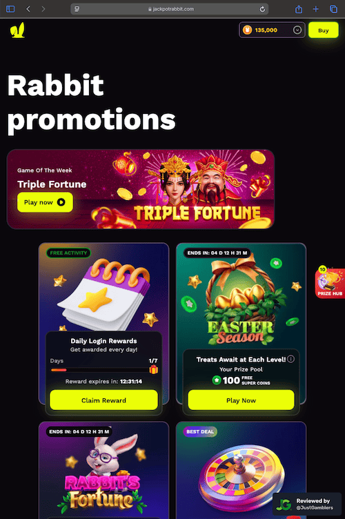 Tablet screenshot of the promo page at JackpotRabbit.