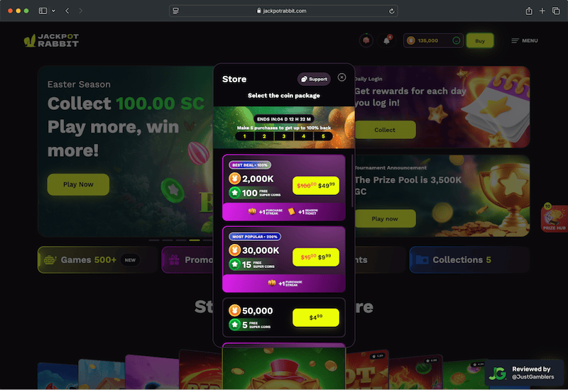 Desktop screenshot of the coin purchase process at JackpotRabbit.
