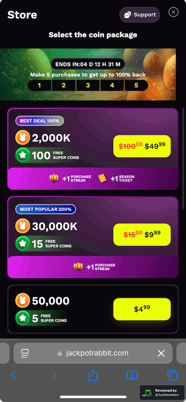 Mobile screenshot of the coin purchase process at JackpotRabbit.