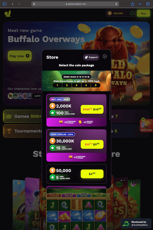 Tablet screenshot of the coin purchase process at JackpotRabbit.