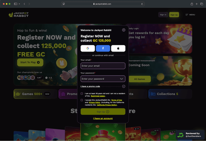 Desktop screenshot of the registration page at JackpotRabbit.