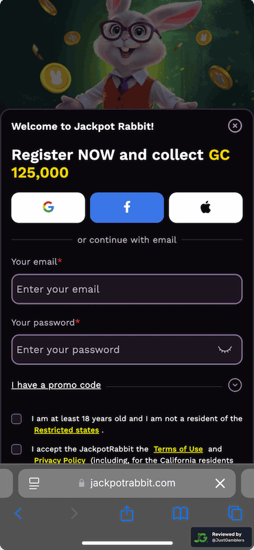 Mobile screenshot of the registration page at JackpotRabbit.