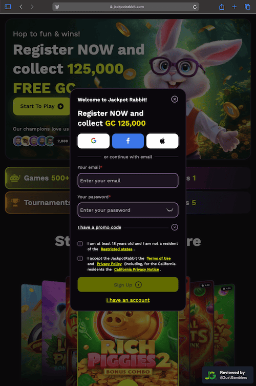 Tablet screenshot of the registration page at JackpotRabbit.