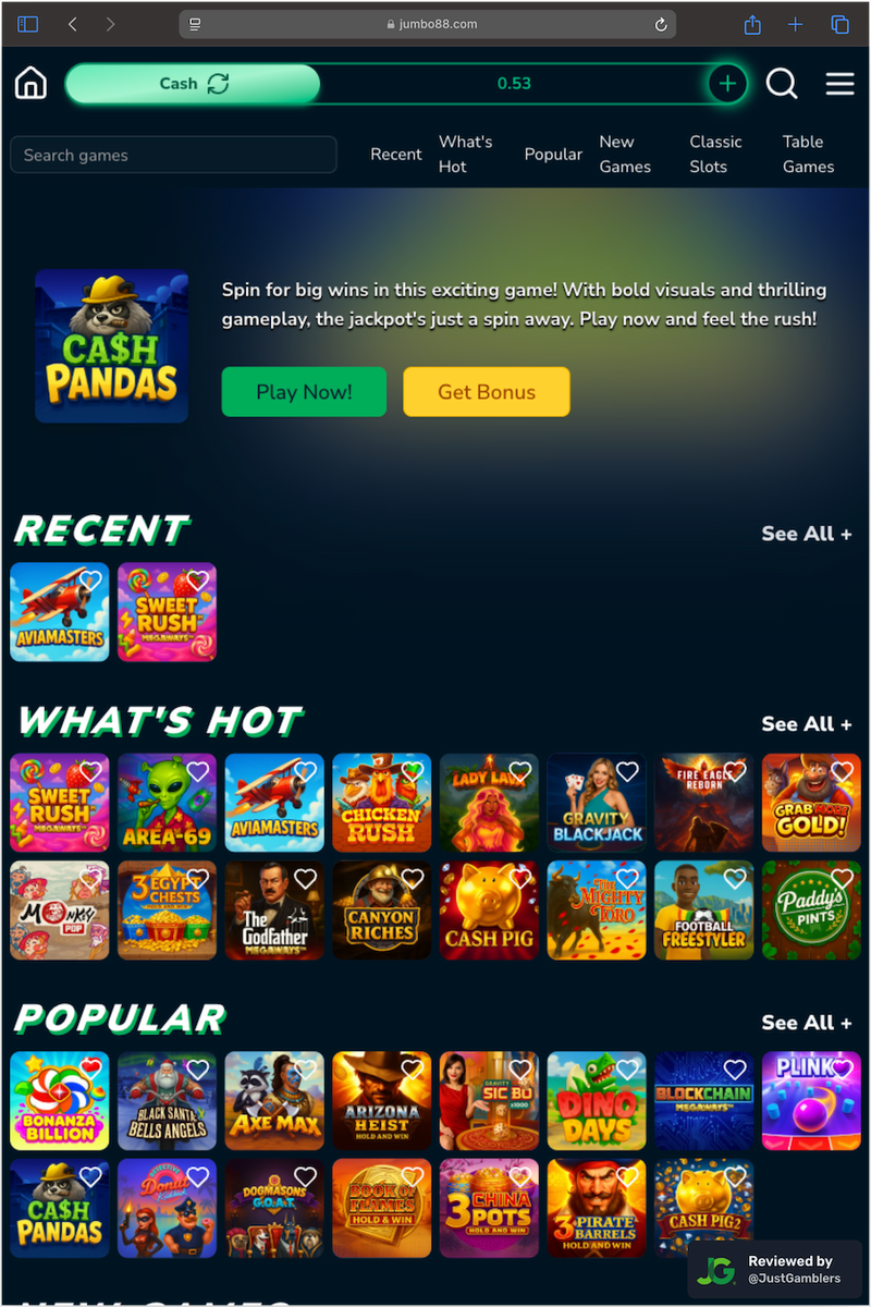 Tablet screenshot of the starting page at Jumbo88.