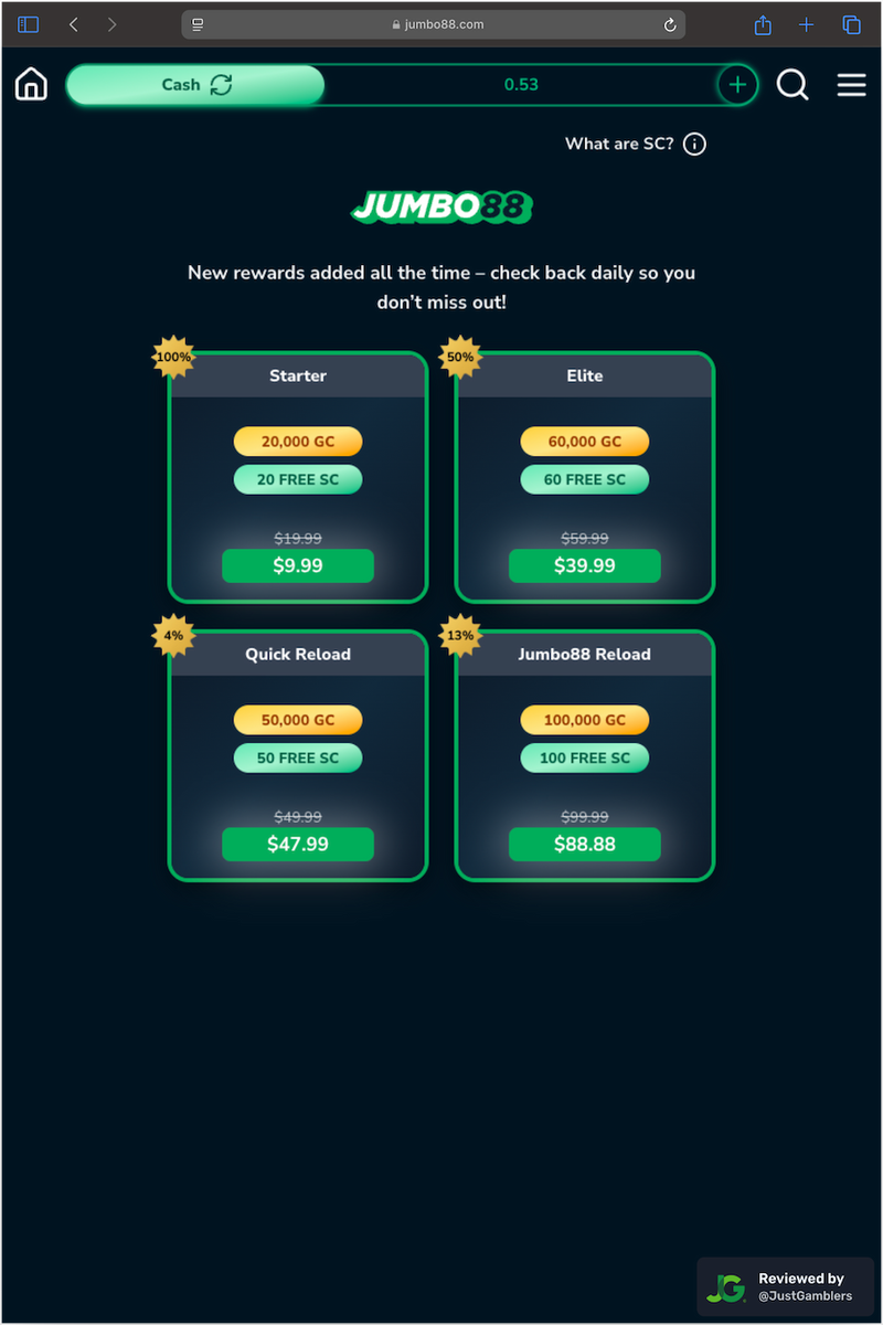 Tablet screenshot of the coin purchase process at Jumbo88.
