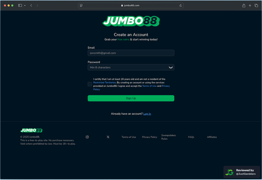 Desktop screenshot of the registration page at Jumbo88.