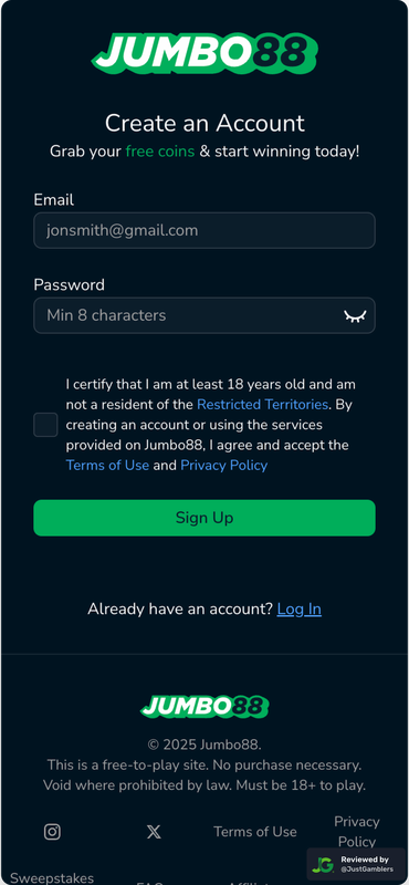 Mobile screenshot of the registration page at Jumbo88.