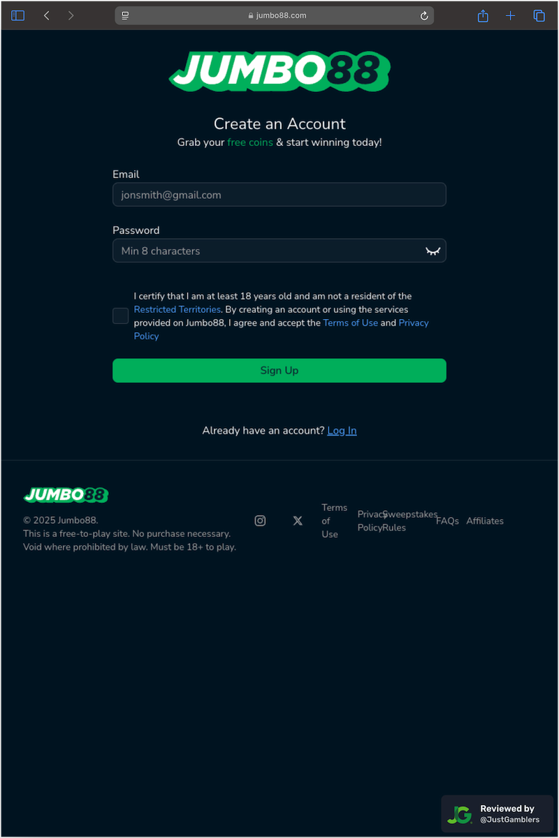 Tablet screenshot of the registration page at Jumbo88.