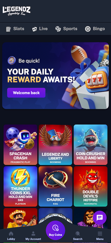 Mobile screenshot of the starting page at Legendz.