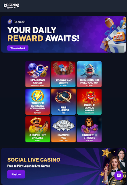 Tablet screenshot of the starting page at Legendz.