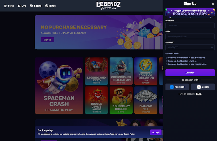 Desktop screenshot of the registration page at Legendz.