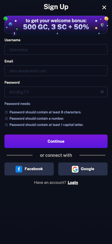 Mobile screenshot of the registration page at Legendz.