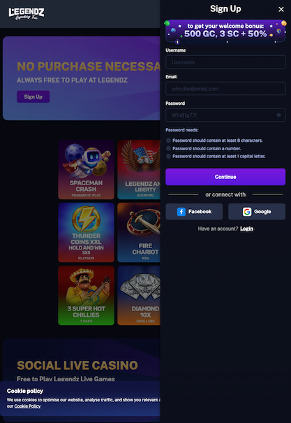 Tablet screenshot of the registration page at Legendz.