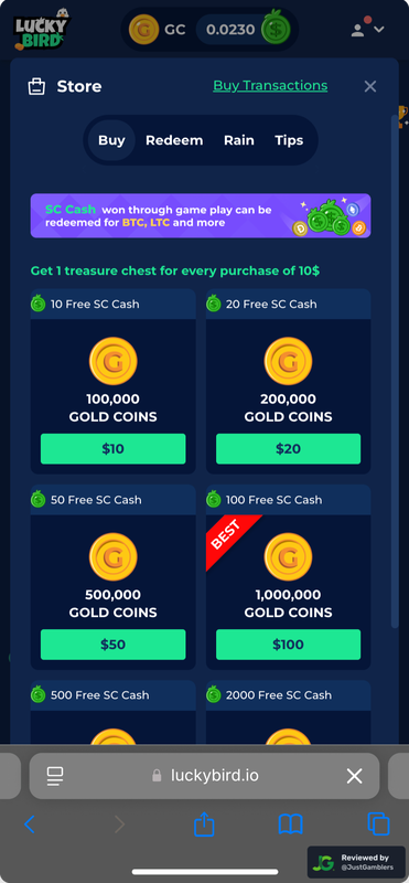 Mobile screenshot of the coin purchase process at LuckyBird.
