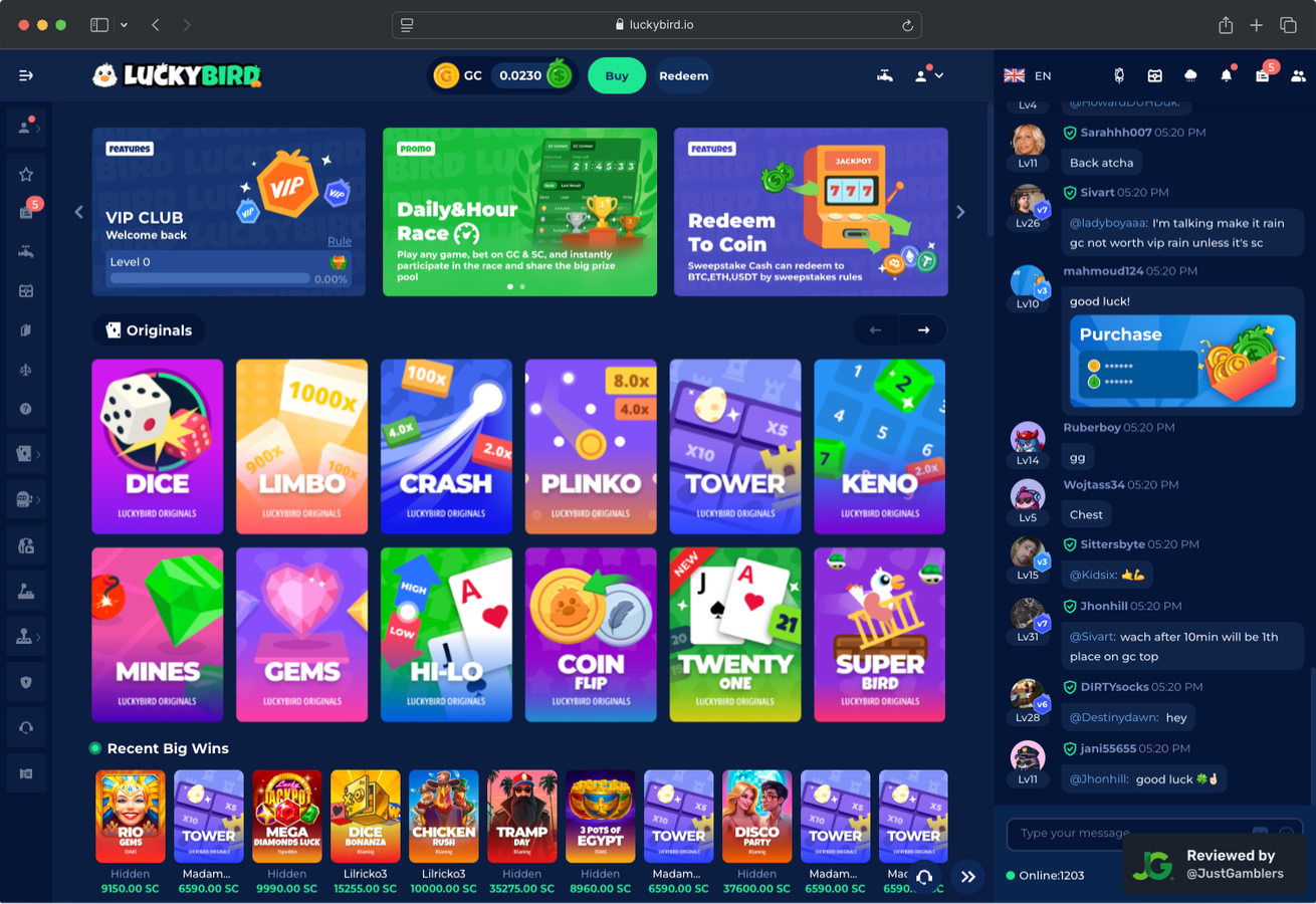 Desktop screenshot of the starting page at LuckyBird.io