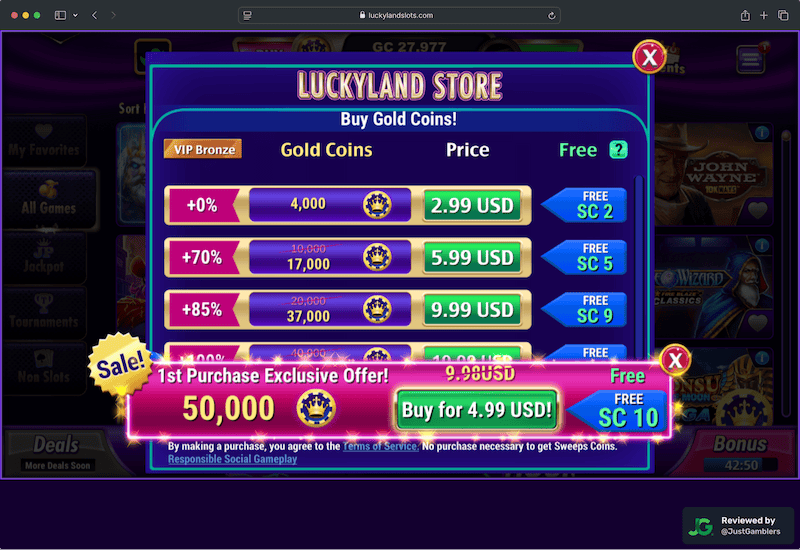 Desktop screenshot of the coin purchase process at LuckyLand Slots.
