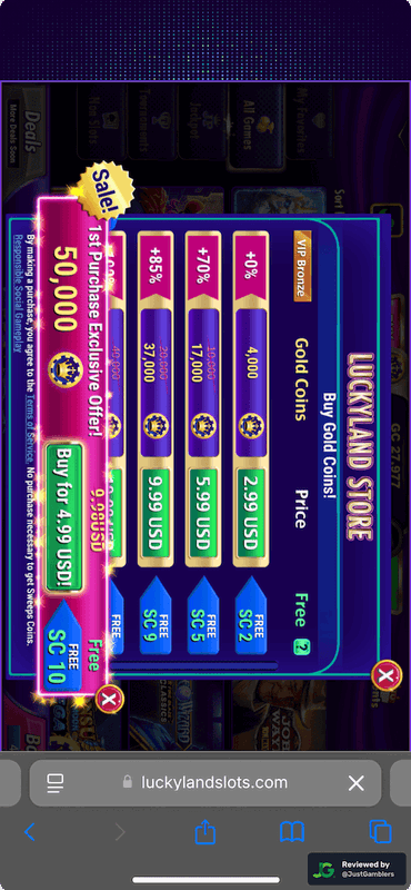 Mobile screenshot of the coin purchase process at LuckyLand Slots.