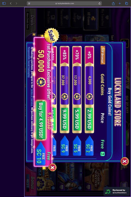 Tablet screenshot of the coin purchase process at LuckyLand Slots.