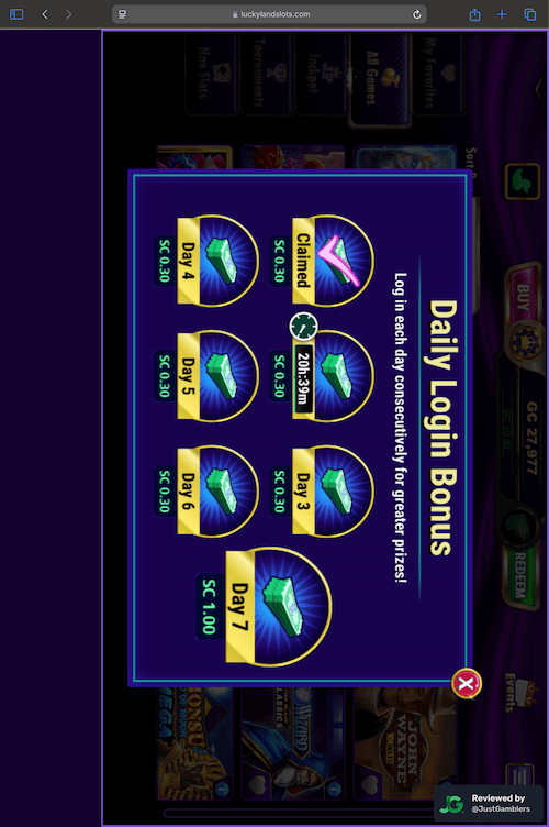 Tablet screenshot of the promo page at LuckyLand Slots.