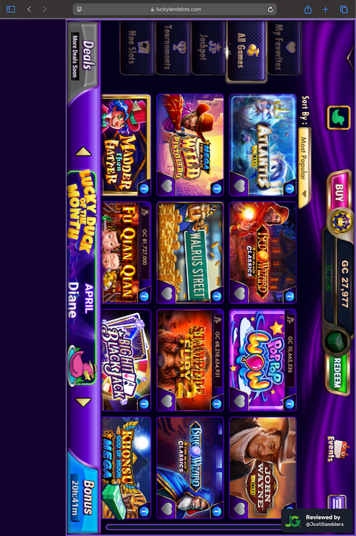 Tablet screenshot of the starting page at LuckyLand Slots.