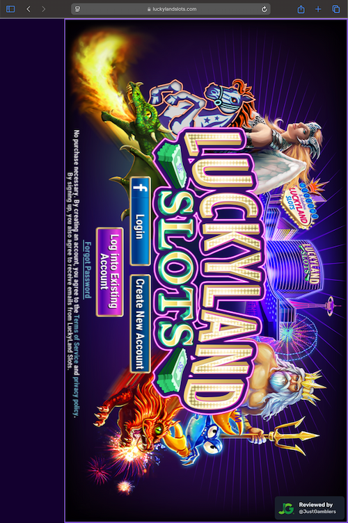 Tablet screenshot of the registration page at LuckyLands Slots.