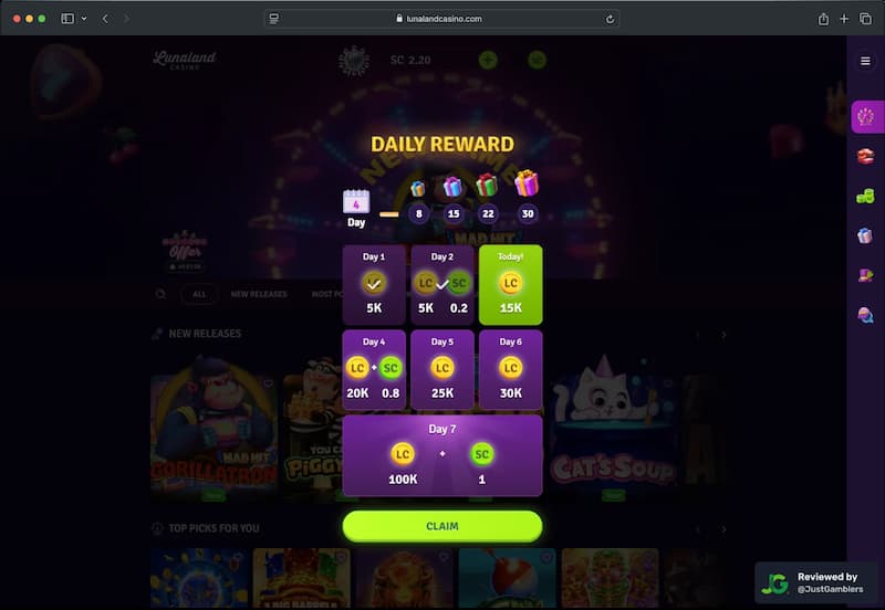 Desktop screenshot of the promo page at Lunaland Casino.