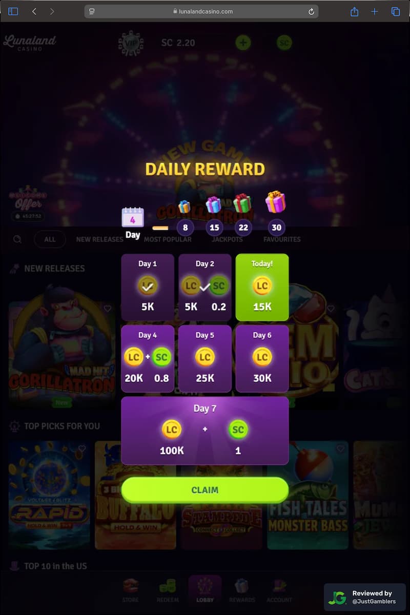 Tablet screenshot of the promo page at Lunaland Casino.