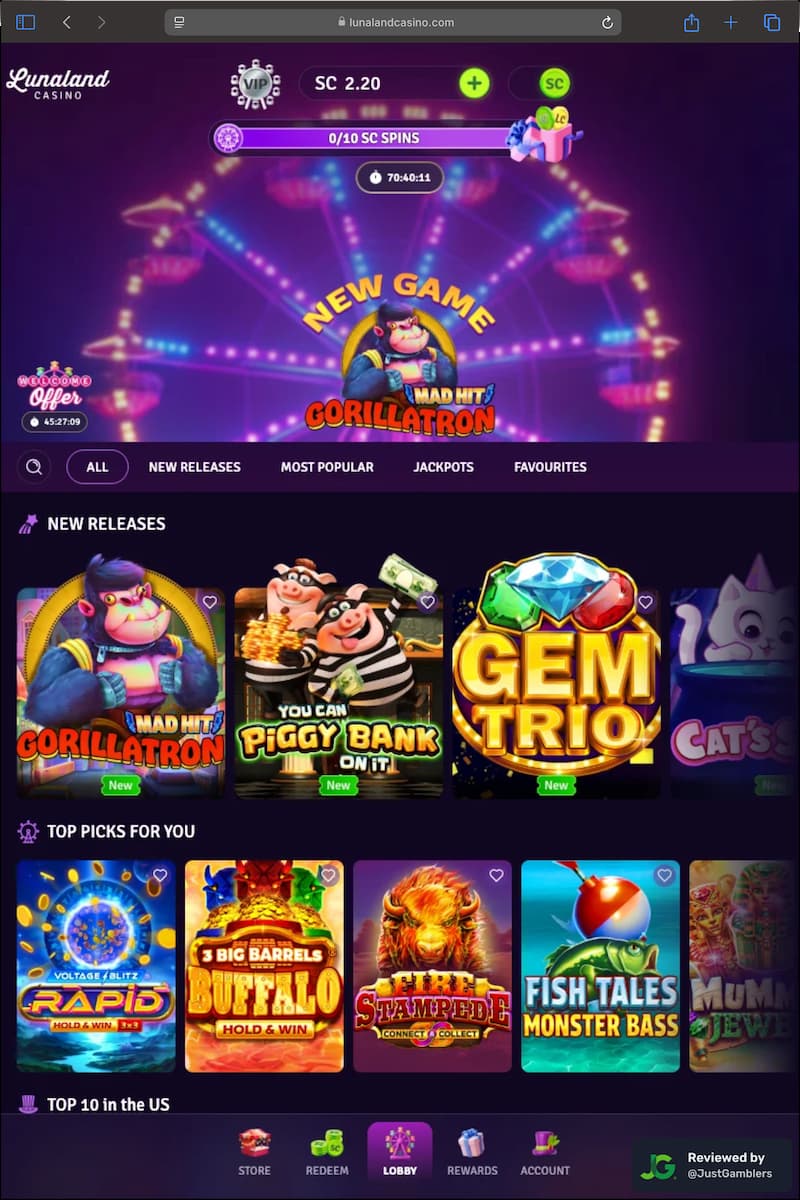 Tablet screenshot of the starting page at Lunaland Casino.