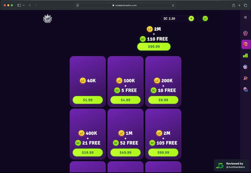 Desktop screenshot of the coin purchase process at Lunaland Casino.