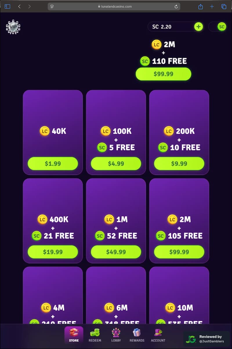 Tablet screenshot of the coin purchase process at Lunaland Casino.