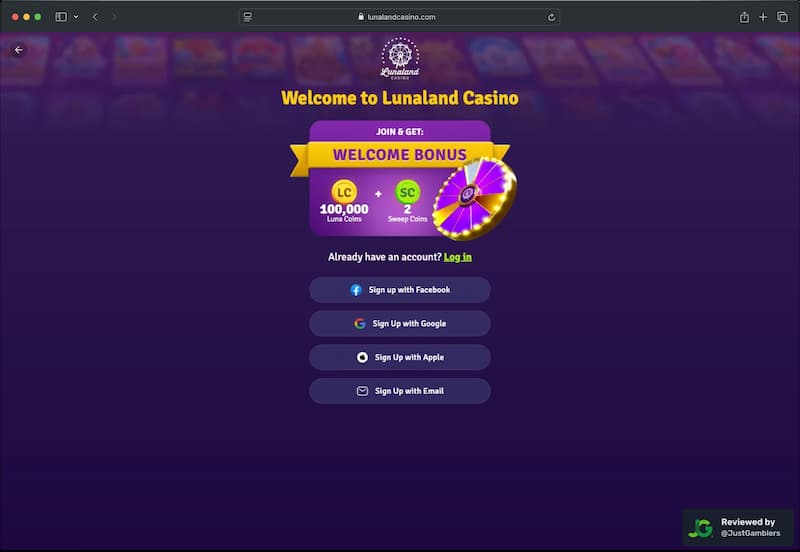 Desktop screenshot of the registration page at Lunaland Casino.